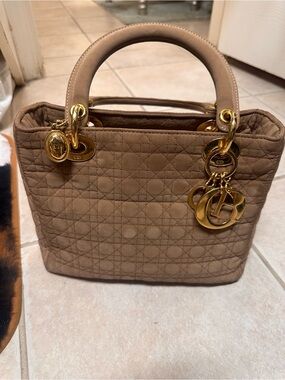 Authentic Vintage Dior Beige Cannage Quilted Lady Bag with Gold Hardware